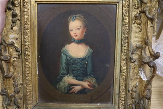 19th century English School, oil on prepared panel, portrait of a young lady wearing a blue dress, 20 x 16cm